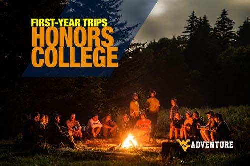 An advertisement for Adventure WV depicting a camp sight at night that reads First-year Trips Honors College